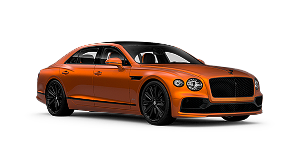 Bentley High Wycombe Bentley Flying Spur Speed front side angled view in Orange Flame coloured exterior. 