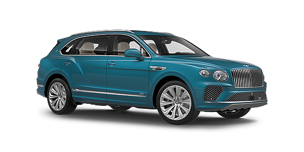 Bentley High Wycombe Bentayga Extended Wheelbase Azure luxury SUV front three quarter in Topaz Blue by Mulliner paint