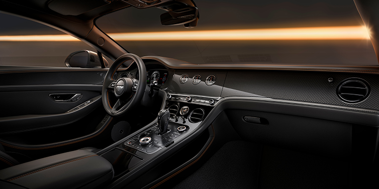 Bentley High Wycombe Bentley Continental GT Black Edition coupe front interior with Beluga black hide and High Gloss Carbon Fibre veneer